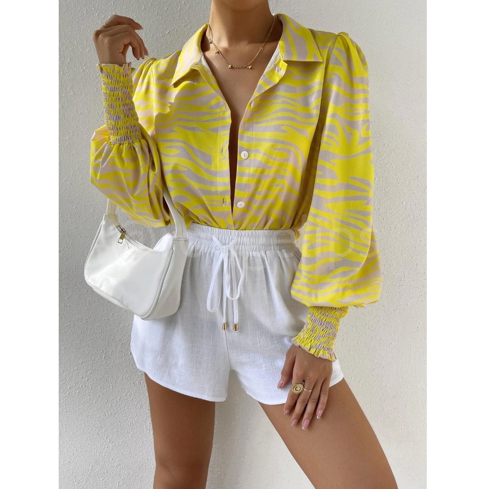 Zebra Stripes Print Yellow Beige Button Up Front Shirt Long Bishop Sleeves - Picture 3 of 8